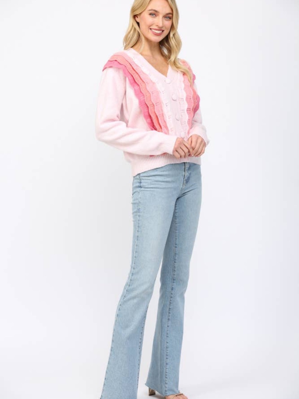 V-Neck Pink Gradient Ruffle Knit Cardigan Sweater by fate NWOT - Picture 9 of 9